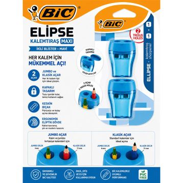 Bic Maxi Elips Kapaklı 2'li Blister Mavi Jumbo ve Klasik Kalemtıraş