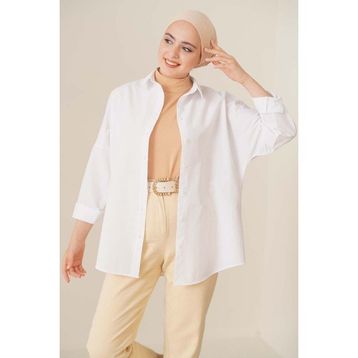 Bigdart 103901 Oversize Basic Beyaz Kadın Tesettür Gömlek