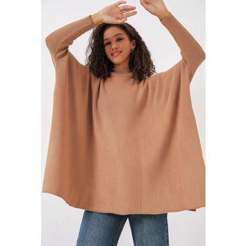 Bigdart 15783 Bisküvi Yırtmaçlı Panço Kadın Kazak