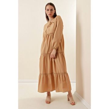 Bigdart 1627 Yaka Bağcıklı Bej Kadın Tesettür Elbise