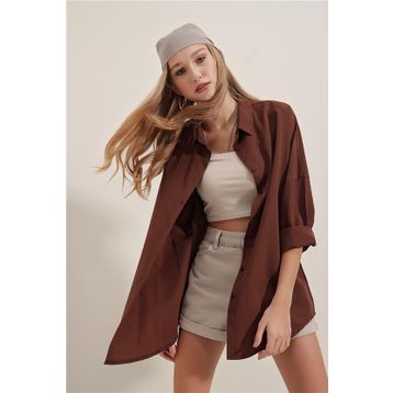 Bigdart 3900 Kahverengi Oversize Uzun Basic Kadın Gömlek
