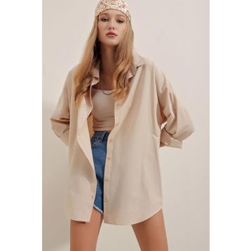 Bigdart 3900 Oversize Uzun Basic Krem Kadın Gömlek