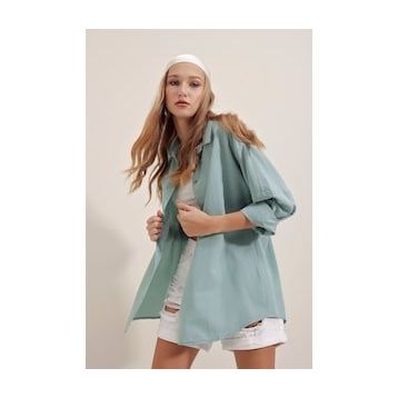 Bigdart 3900 Oversize Uzun Basic Su Yeşili Kadın Gömlek