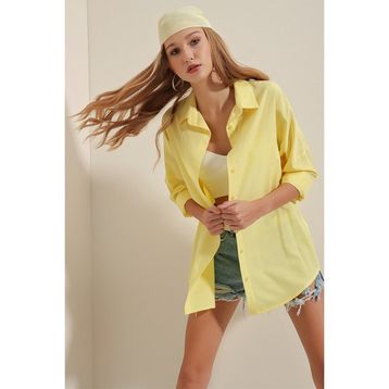 Bigdart 3900 Sarı Oversize Uzun Basic Kadın Gömlek