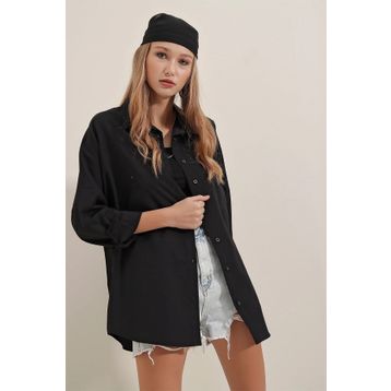 Bigdart 3900 Siyah Oversize Uzun Basic Kadın Gömlek