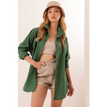 Bigdart 3900 Yeşil Oversize Uzun Basic Kadın Gömlek