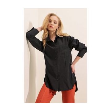 Bigdart 3952 Arkası Düğmeli Siyah Kadın Boyfriend Gömlek