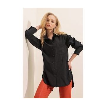 Bigdart 3952 Arkası Düğmeli Siyah Kadın Boyfriend Gömlek