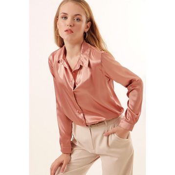 Bigdart 3964 Camel Hafif Dökümlü Saten Kadın Gömlek