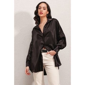 Bigdart 3985 Oversize Saten Siyah Kadın Gömlek