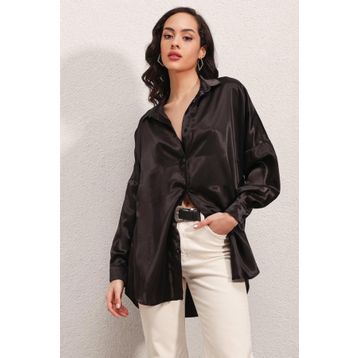 Bigdart 3985 Oversize Saten Siyah Kadın Gömlek