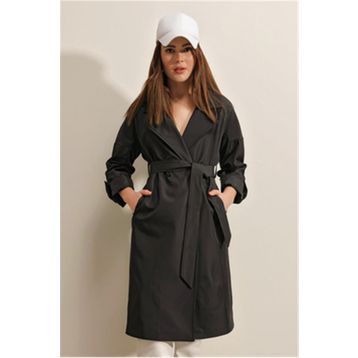 Bigdart 9104 Kruvaze Yaka Astarlı Siyah Kadın Trençkot