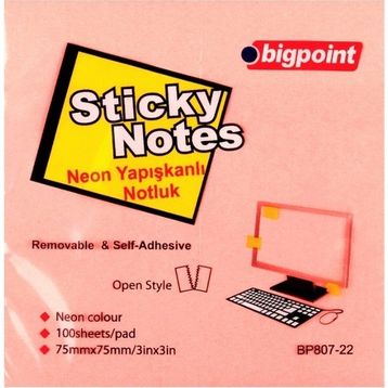 Bigpoint 75x75 MM 100 Yaprak Neon Pembe Yapışkanlı Not Kağıdı