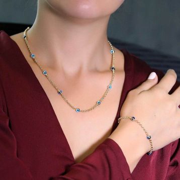 Bilezikhane 14TKM0114 14 Ayar Altın Doç Zincirli Gözlü Kolye ve Bileklik