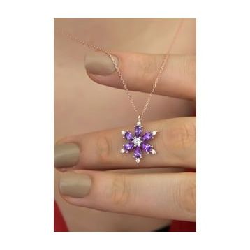 Bilsen Store LOTUS-0001 Kadın 925 Ayar Gümüş Zincirli Ametist Damla Taşlı Lotus Kamelya Çiçeği Kolye