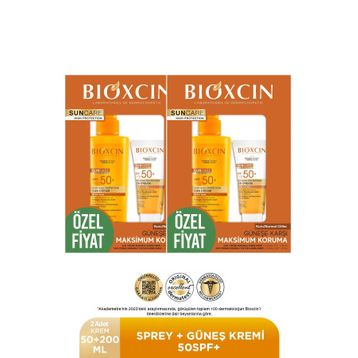 Bioxcin Sun Care SPF50 50 ml Yüz Güneş Kremi+Kuru Normal Cilt 2x200 ml Vücut Güneş Spreyi