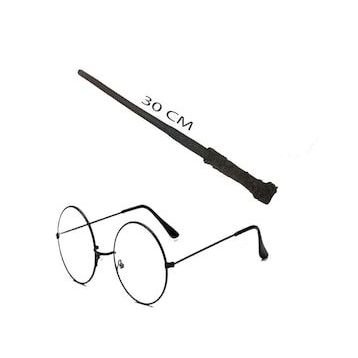 Bisepetim Harry Potter Asası 30 cm ve Siyah Metal Çerçeveli Harry Potter Gözlüğü Seti