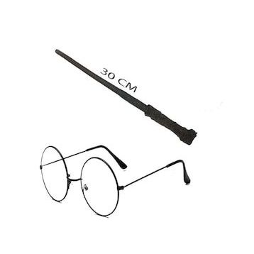 Bisepetim Harry Potter Asası 30 cm ve Siyah Metal Çerçeveli Harry Potter Gözlüğü Seti