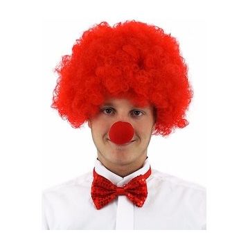 Bisepetim Kırmızı Kıvırcık Afro Bonus Peruk Takma Saç ve Kırmızı Burun Seti