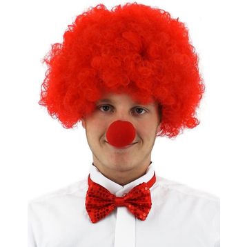 Bisepetim Kırmızı Kıvırcık Afro Bonus Peruk Takma Saç ve Kırmızı Burun Seti