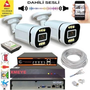 Bises 4386WS Yapay Zeka Destekli 5 MP POE 6 Warm LED Gece Renkli Görüş IP Güvenlik Kamera Seti - 2 Kameralı