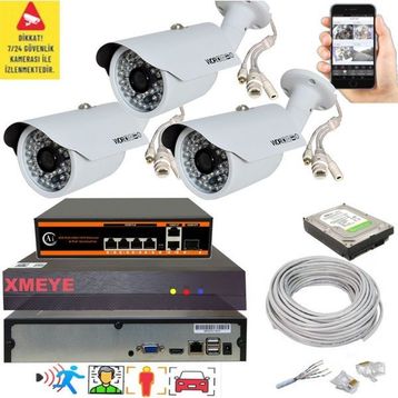 Bises 748POE 5 MP 1940p POE 48 IR LED Gece Görüşlü IP Güvenlik Kamera Seti - 3 Kameralı