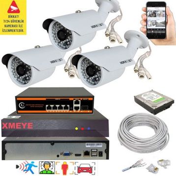 Bises 748POE 5 MP 1940p POE 48 IR LED Gece Görüşlü IP Güvenlik Kamera Seti - 3 Kameralı