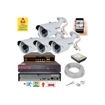 Bises 748POE 5 MP 1940p POE 48 IR LED Gece Görüşlü IP Güvenlik Kamera Seti - 4 Kameralı