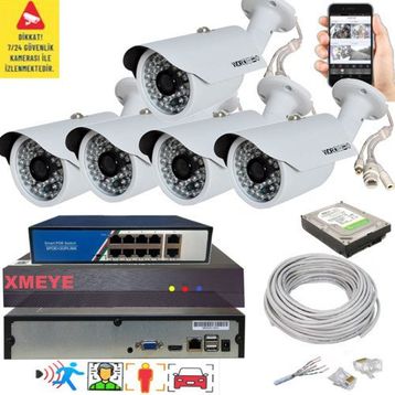Bises 748POE 5 MP 1940p POE 48 IR LED Gece Görüşlü IP Güvenlik Kamera Seti - 5 Kameralı