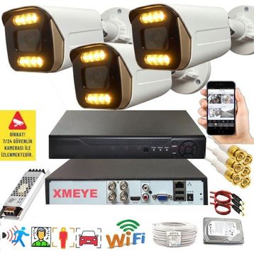 Bises BS 2408W 5 Megapiksel Sony Lens 8 Warm LED Gece Renkli Gösteren Güvenlik Kamerası Seti - 3 Kameralı