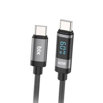 Bix 1 mt 60W Type-C to Type-C Örgülü LED Dijital Ekranlı Şarj ve Data Kablosu