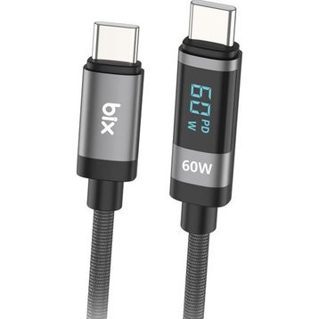 Bix 1 mt 60W Type-C to Type-C Örgülü LED Dijital Ekranlı Şarj ve Data Kablosu