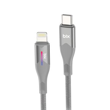 Bix 1 mt Gri 27W Type-C to Lightning iPhone Örgülü LED Işıklı Şarj ve Data Kablosu