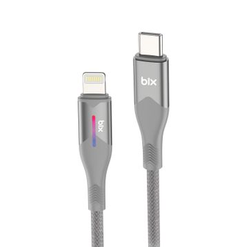 Bix 1 mt Gri 27W Type-C to Lightning iPhone Örgülü LED Işıklı Şarj ve Data Kablosu