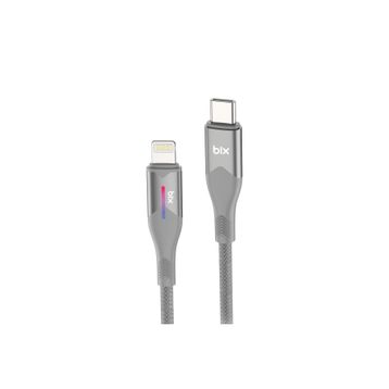 Bix 1 mt Gri 27W Type-C to Lightning iPhone Örgülü LED Işıklı Şarj ve Data Kablosu