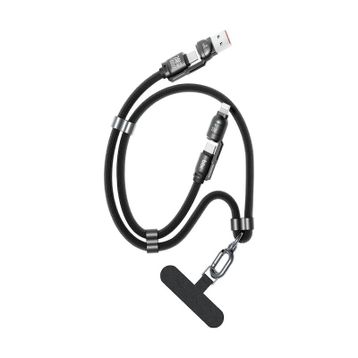 Bix 240W USB-A ve USB-C ve Lightning Siyah Çok Fonksiyonlu Askı İpli Premium Örgü 1.5 mt Yüksek Hızlı Şarj ve Veri Kablosu