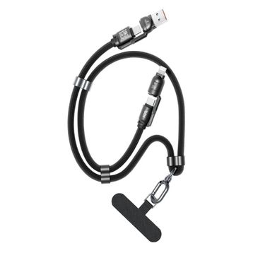 Bix 240W USB-A ve USB-C ve Lightning Siyah Çok Fonksiyonlu Askı İpli Premium Örgü 1.5 mt Yüksek Hızlı Şarj ve Veri Kablosu