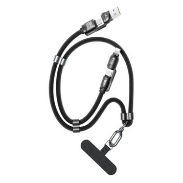 Bix 240W USB-A ve USB-C ve Lightning Siyah Çok Fonksiyonlu Askı İpli Premium Örgü 1.5 mt Yüksek Hızlı Şarj ve Veri Kablosu