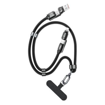 Bix 240W USB-A ve USB-C ve Lightning Siyah Çok Fonksiyonlu Askı İpli Premium Örgü 1.5 mt Yüksek Hızlı Şarj ve Veri Kablosu