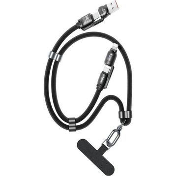 Bix 240W USB-A ve USB-C ve Lightning Siyah Çok Fonksiyonlu Askı İpli Premium Örgü 1.5 mt Yüksek Hızlı Şarj ve Veri Kablosu