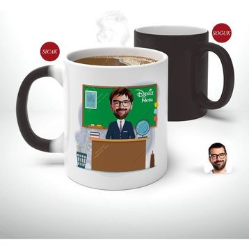 BK 2 Kişiye Özel Coğrafya Öğretmeni Karikatürlü Sihirli Beyaz Kupa Bardak