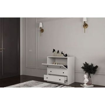 BK Concept Çıtasız AYK-1053-Ç Düşer Kapaklı İki Çekmeceli Raflı Beyaz Ayakkabılık