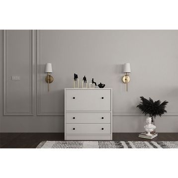 BK Concept Çıtasız AYK-1053-Ç Düşer Kapaklı İki Çekmeceli Raflı Beyaz Ayakkabılık