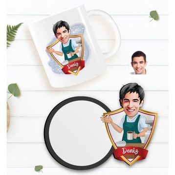 BK Kişiye Özel Barista Karikatürlü Beyaz Kupa ve Ahşap Bardak Altlığı