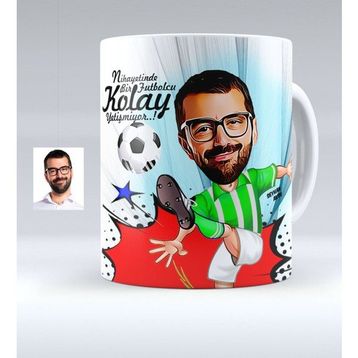 BK Kişiye Özel Bay Futbolcu Yeşil Beyaz Karikatürlü Beyaz Kupa Bardak