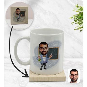 BK Kişiye Özel Erkek Kimya Öğretmeni Karikatürlü Beyaz Kupa ve Ahşap Bardak Altlığı