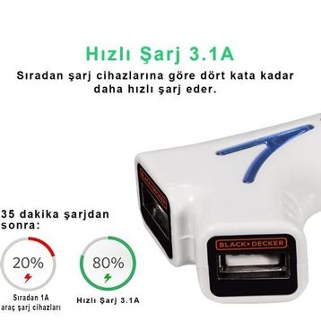 Black & Decker PIUSB2BE 3.1 Amper Çift Çıkışlı USB Araç Şarj Cihazı
