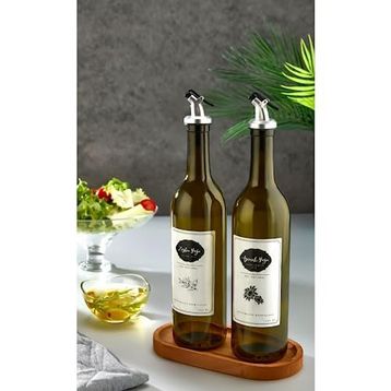 Black Deer Ahşap Stantlı Amber 2'li 750 ML Zeytinyağı Sıvıyağ Şişesi Damlatmaz Yağlık