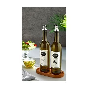 Black Deer Ahşap Stantlı Amber 2'li 750 ML Zeytinyağı Sıvıyağ Şişesi Damlatmaz Yağlık