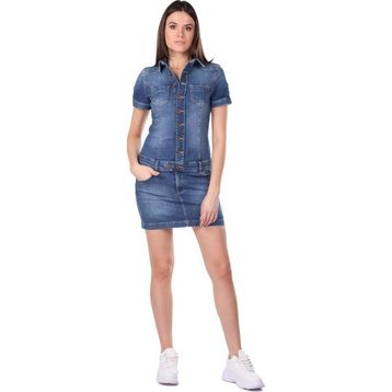 Blue White Düğmeli Jean Mavi Kadın Elbise